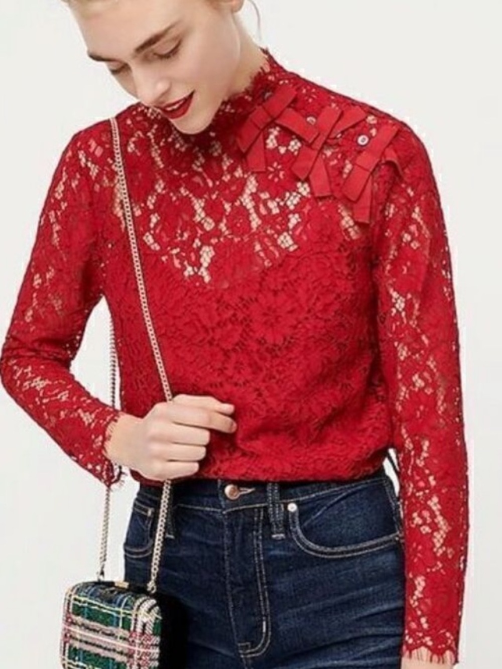 J. Crew Crimson Lace Mock-Neck Red Blouse Size 0